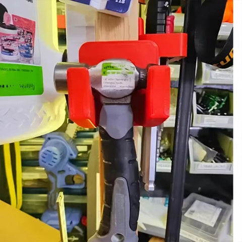 Dual Hammer Holder Wall Mount Set for Garage and Workshop with hammer secured in red holder on a wooden beam