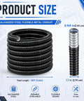 Rock Solid Black Liquid Tight Flexible Conduit For Electrical Wiring And Cable Management 25 Foot 1 Inch Galvanized Steel hose with size details.