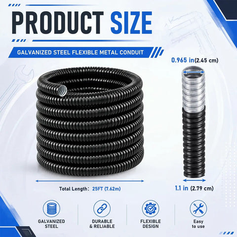 Rock Solid Black Liquid Tight Flexible Conduit For Electrical Wiring And Cable Management 25 Foot 1 Inch Galvanized Steel hose with size details.