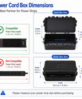 Power cord box dimensions and compatibility details for Built Different Heavy Duty IP65 Waterproof Outlet Box With Six Entry Ports.
