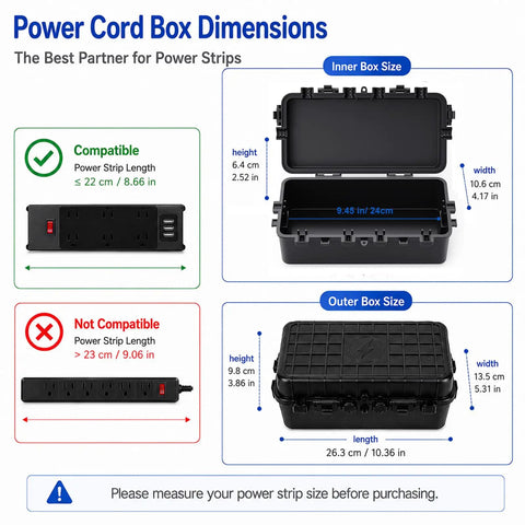 Power cord box dimensions and compatibility details for Built Different Heavy Duty IP65 Waterproof Outlet Box With Six Entry Ports.