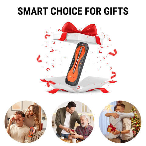 600 Foot Range Bluetooth Wireless Meat Thermometer With Upgraded Ultra Thin Probe gift-wrapped with bow and confetti.