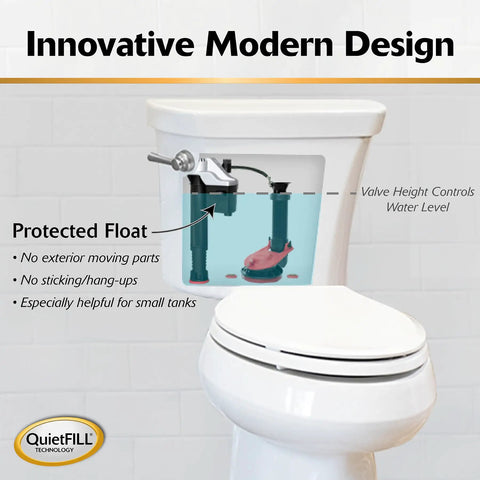 Interior view of QuietFILL Platinum Toilet Fill Valve Universal Fit For 99 Percent Toilets Easy Height Adjustment With Twist Lock