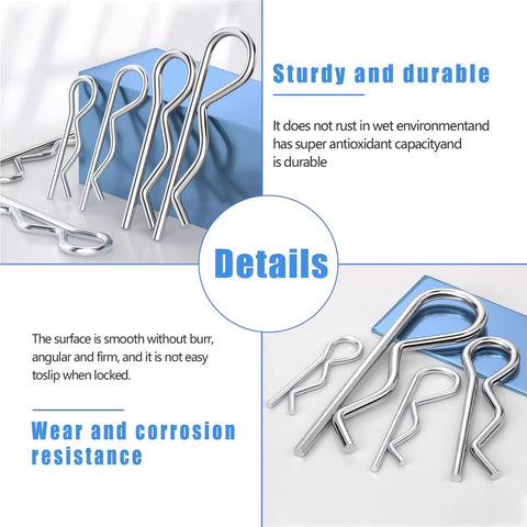 Heavy Duty Zinc Plated R Clips And Cotter Pins Kit, 220 Piece Spring Fastener Assortment close-up showing details and materials