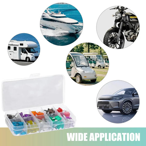 Badass 120 Piece Mini Blade Fuse Kit With Puller For Cars And Trucks Assorted Amp Ratings 2A To 35A displayed with various vehicles.