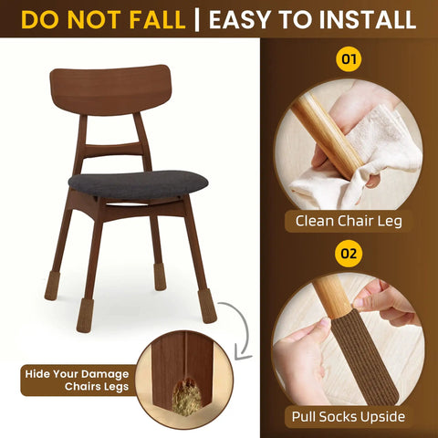 Brown Chair Leg Socks Protectors For Hardwood Floors No Slip Grip Easy To Put On Fits Round And Square Legs Bar Stool Leg Covers And Furniture Pads 48 Or 80 Count shown in use with installation steps.