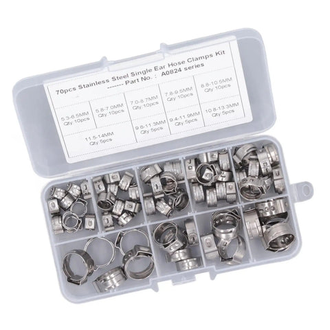 Durable 70Pcs Single Ear Hose Clamp Kit Made From Premium 304 Stainless Steel For Secure Plumbing and Automotive Repairs That Are Built To Last And Handle Any Job With Ease., 70-piece 304 stainless steel single ear hose clamp kit in storage case