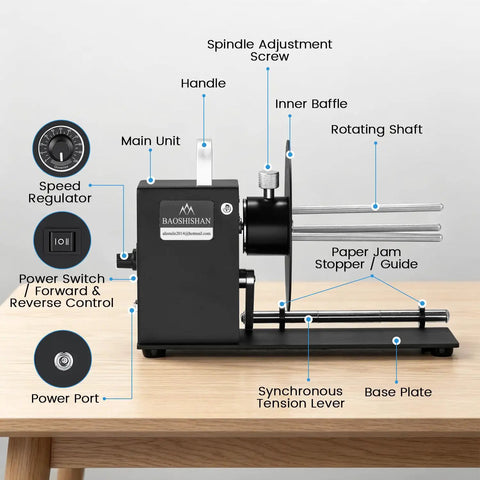 Hardcore Automatic Label Rewinder Machine Handles Coreless And Up To 1.1 Inch Cored Rolls showing detailed components on a wooden table.