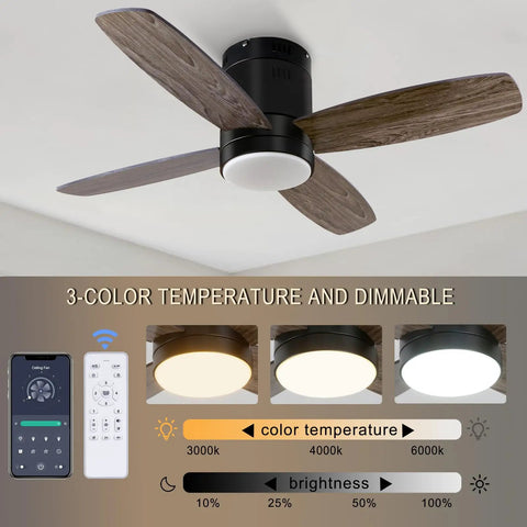 38 Inch Flush Mount Ceiling Fan With Light Remote And App Control Dimmable LED Light Quiet DC Motor Dope Low Profile Black