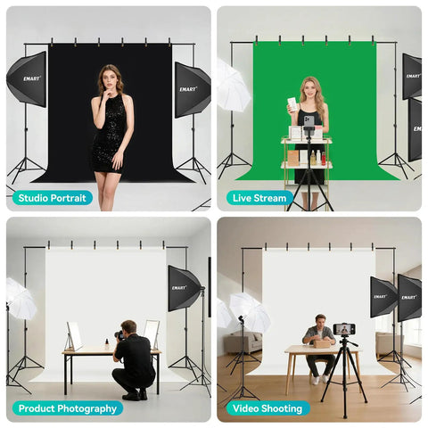 8.5 By 10 Foot Backdrop Support System With Pro Lighting Kit, black, white, green backdrops, reflector, umbrellas, softbox, studio use