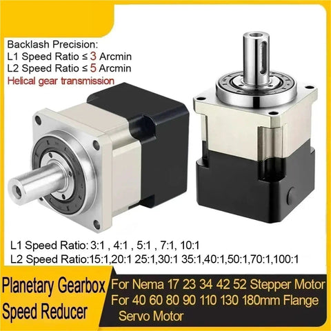 Heavy Duty Helical Gear Reducer Box For Nema 17 23 34 Stepper Motors And Flange Servos With 35Mm Input Shaft 20 To 1 Ratio, showing gearbox details.
