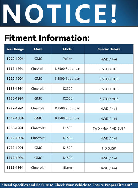 Fitment information chart for Beefed-Up 6 Lug Front Wheel Bearing Hubs For Chevy GMC K1500 K2500 Suburban Blazer Yukon