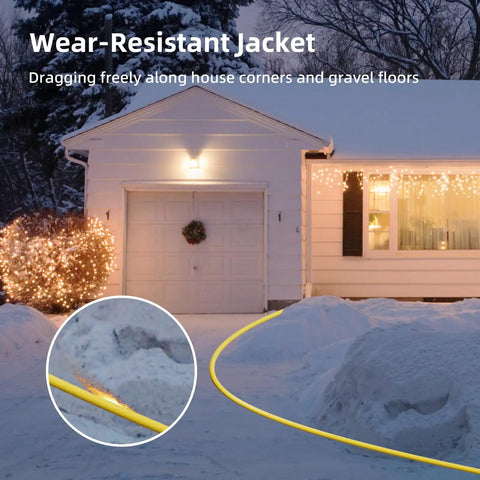 Heavy Duty 25 Foot 12 Gauge Outdoor Extension Cord With Lighted End in use, visible in snow near a house, waterproof yellow cable.
