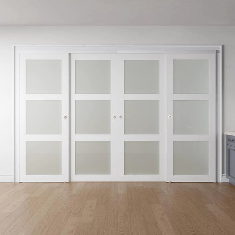 Top Shelf White Sliding Closet Door Kit For 128 By 80 Inch Openings featuring four smooth gliding panels, white PVC and frosted glass.