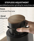 Rock Solid Single Dose Coffee Grinder With Brawny 38 Mm Conical Burrs And Butter Smooth Stepless Dial For Bold Espresso Pour Over Pulls Low Retention Anti Static Frame In Matte Black, close-up of the stepless adjustment dial.