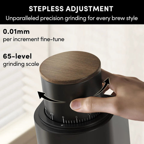 Rock Solid Single Dose Coffee Grinder With Brawny 38 Mm Conical Burrs And Butter Smooth Stepless Dial For Bold Espresso Pour Over Pulls Low Retention Anti Static Frame In Matte Black, close-up of the stepless adjustment dial.