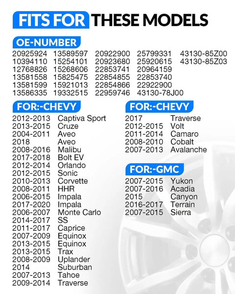 Fits for these models and OE numbers for Direct Replacement 315Mhz Tire Pressure Monitoring System Sensor for GM Trucks SUVs and Cars.