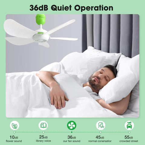 17 Inch USB Ceiling Fan For Camping And Outdoor Use Portable Tent Gazebo RV Cruise With On Off Button And 13.2 Foot Cord Five Blade Design Lightweight Air Circulator For Power Bank Or Laptop installed in bedroom