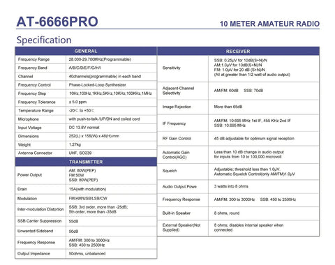Specifications table for Heavy Duty 80W Ham Radio For Truckers And Road Warriors, details on frequency range and power output.