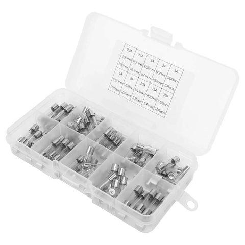 Top Tier Fuse Assorted Kit Loaded With Fast Blow Glass Fuses For Heavy Duty Electronics And Industrial Repairs Includes Solid 5X20 Mm Tubes, assorted fuses in clear box.