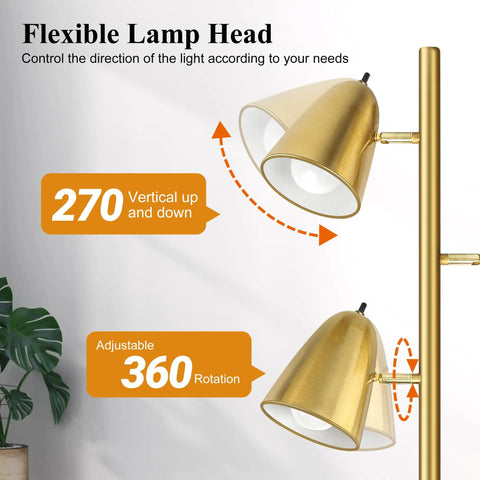 Detail of Three Arm Floor Lamp With 360 Degree Adjustable Reading Arms In Brushed Gold, showing flexible lamp heads and rotation.