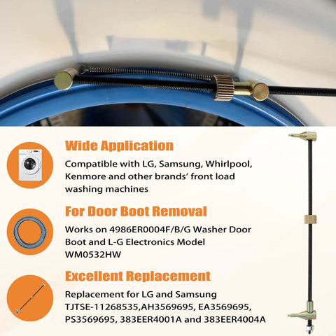 No Sweat Universal Front Load Washer Seal Spring Expansion Tool For Lg Samsung Whirlpool Kenmore Door Boot Repair Kit showing tool on washing machine.