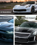 Sports cars with text overlays showing features like 0.01mm concentricity and 40% compactness for LS engine generations