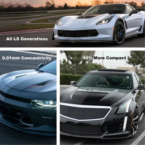 Sports cars with text overlays showing features like 0.01mm concentricity and 40% compactness for LS engine generations