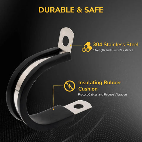 Close-up of 120 Pack Cable Clamp Set with Rubber Cushioned Stainless Steel Conduit Clamps, durable and safe design.