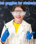 Student wearing white coat with goggles holding test tube, 48 Pairs Over Glasses Safety Goggles Lab Protective Eyewear Anti Fog