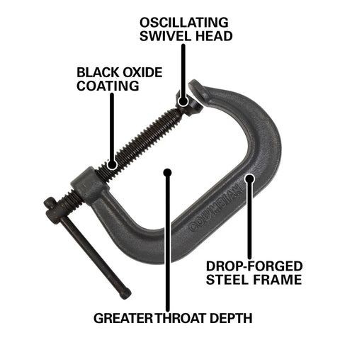 Columbian 6 Inch C Clamp With Extra Deep Throat And 6600 Lbs Clamping Force, features labeled: oscillating swivel head, black oxide coating, drop-forged steel frame, greater throat depth.