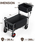 Push And Pull Collapsible Shopping Cart With Wheels And Brakes Foldable Grocery Wagon With Built In Basket Side Pockets And Cup Holders Beach And Camping Utility Rolling Cart Black; dimensions labeled.