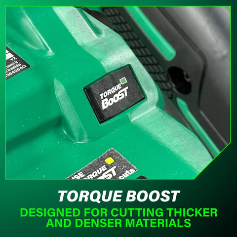 Close-up of Torque Boost label on 36V Cordless 7-1/4 Inch Circular Saw With Torque Boost Technology for Higher Power And Torque.