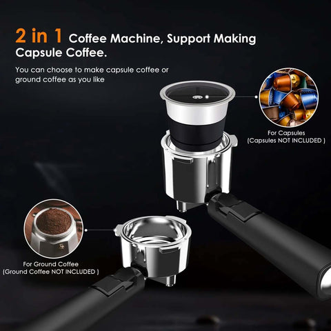2 in 1 coffee machine featuring holders for capsule and ground coffee options