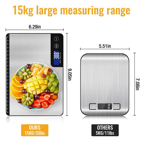 33 Pound Digital Kitchen Scale With Large 9 Inch Weighing Platform, Touch Control, LCD Display compared with smaller scale