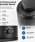 Magnetic Snap Off Single Dose Coffee Bean Grinder 550W Brushless Motor showing stepless dial and speed settings for precise grinds.