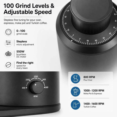 Single Dose Espresso Coffee Grinder With Magnetic Chute 80 Mm Flat Burrs Brushless Motor Stepless Dial In Control settings for grind levels.