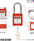 Diagram of Lockout Tagout Safety Padlocks Set, 10 Red LOTO Locks with Brass Core, Keyed Different, labeled features.