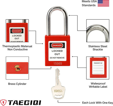 Diagram of Lockout Tagout Safety Padlocks Set, 10 Red LOTO Locks with Brass Core, Keyed Different, labeled features.