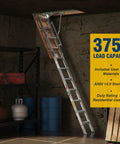 Beefy Heavy Duty Aluminum Attic Ladder 25 By 54 Inch With 375 Pound Capacity Pull Down Access For Ceilings Ranging From 7 Ft 8 In To 10 Ft 3 In Easy Install Durable Construction For Safe Home Storage, open in attic