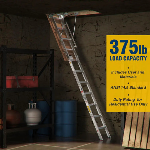 Beefy Heavy Duty Aluminum Attic Ladder 25 By 54 Inch With 375 Pound Capacity Pull Down Access For Ceilings Ranging From 7 Ft 8 In To 10 Ft 3 In Easy Install Durable Construction For Safe Home Storage, open in attic