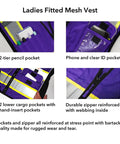 Straight Up High Visibility Reflective Safety Vest For Women With Deep Zippered Pockets, Ladies Fitted Mesh Work Vest, 3M Tape, Purple Medium features multiple pockets.