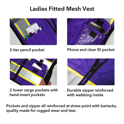 Straight Up High Visibility Reflective Safety Vest For Women With Deep Zippered Pockets, Ladies Fitted Mesh Work Vest, 3M Tape, Purple Medium features multiple pockets.