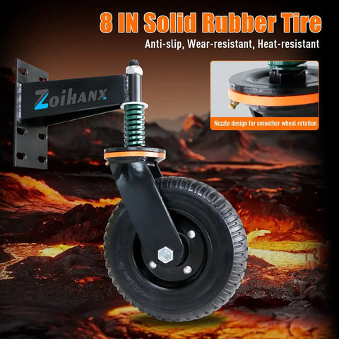 Heavy Duty 8 Inch Gate Wheels Rock Solid 360 Swivel Casters Built Tough Spring Loaded Suspension Rust Proof Fence Rollers 800 Lbs Capacity For Wood Or Steel Pipe Yard Gates Runs Smooth As Butter with solid rubber tire and mounting bracket.