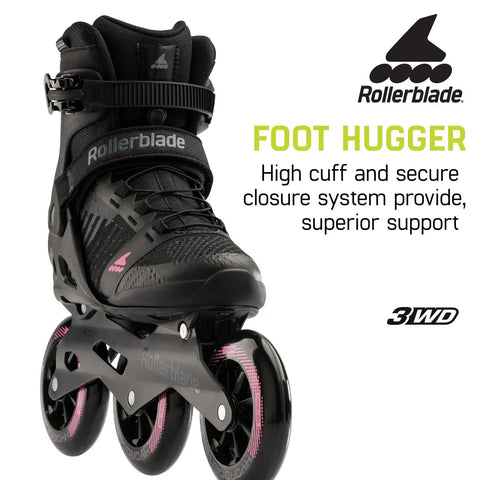 Macroblade 110 3WD Women's Fitness Inline Skates Black And Orchid; high lateral support cuff and speed lace closure detail.