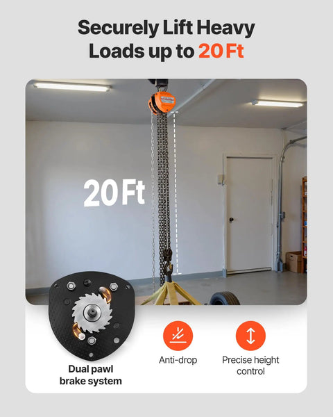 Heavy Duty Hand Chain Hoist 2 Ton Capacity 4400 Lbs With Galvanized G80 Chain 20 Foot Lift Height Manual Chain Block Orange
