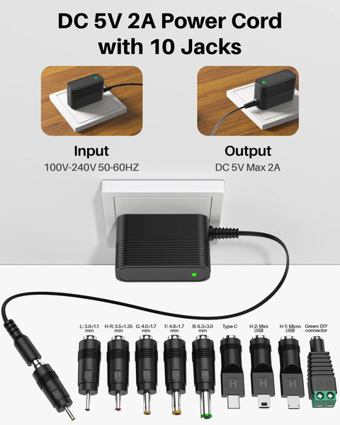 Power Up Anywhere 5V 2A Regulated Switching Power Adapter With 10 Interchangeable Jacks For Quick Charge On The Go And Versatile Use On Small Devices Under 10W Travel Ready And Built Tough black 5V adapter with 10 jacks and USB-C, shown front view