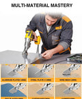 Metal shear in use, cutting aluminum plate, showcasing versatility in various materials. Get Cordless Freedom With This Awesome Metal Shear, Battery Powered By DeWalt 20V Max For Easy Cuts, Tool Only Design Fits Various Models Like Dcb200 And More, Perfect For Pros On The Go Who Want Quick Results Without Hassle.