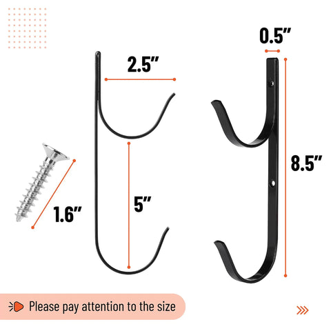 2 Pack Pool Pole Hangers, Heavy Duty Aluminum Pool Pole Hooks With Screws, Wall Or Fence Mount, dimensions and components shown