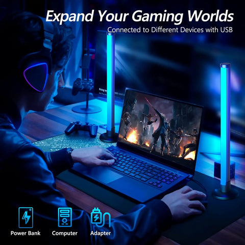 Gamer using a laptop with Dope RGB LED Light Bar for TV and PC Backlighting with Bluetooth App Control and 8 Scene Modes